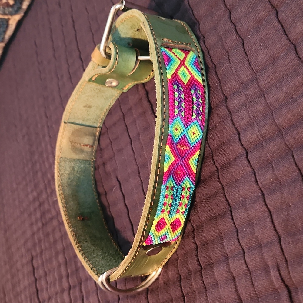 Green Leather Woven Dog Collar Blue Purple Pink Southwestern Handmade
